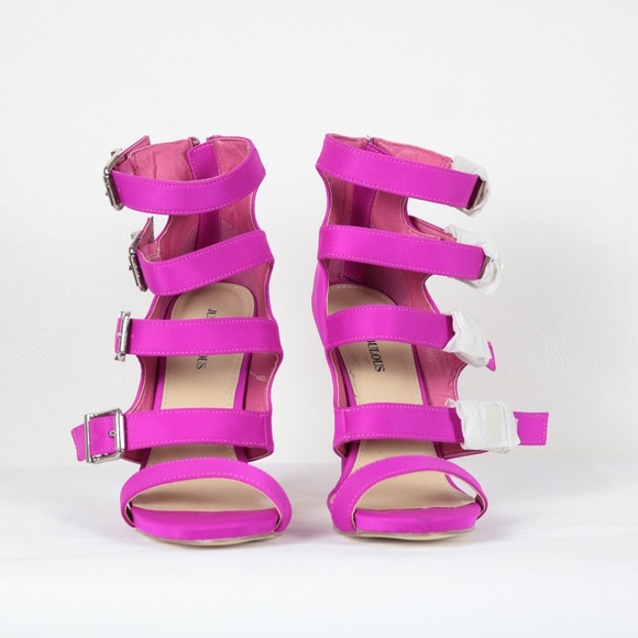 NEW JustFab "Connie" Fuchsia Buckle Up Strappy Stiletto Heels Sandals Size 7.5 - Picture 3 of 11